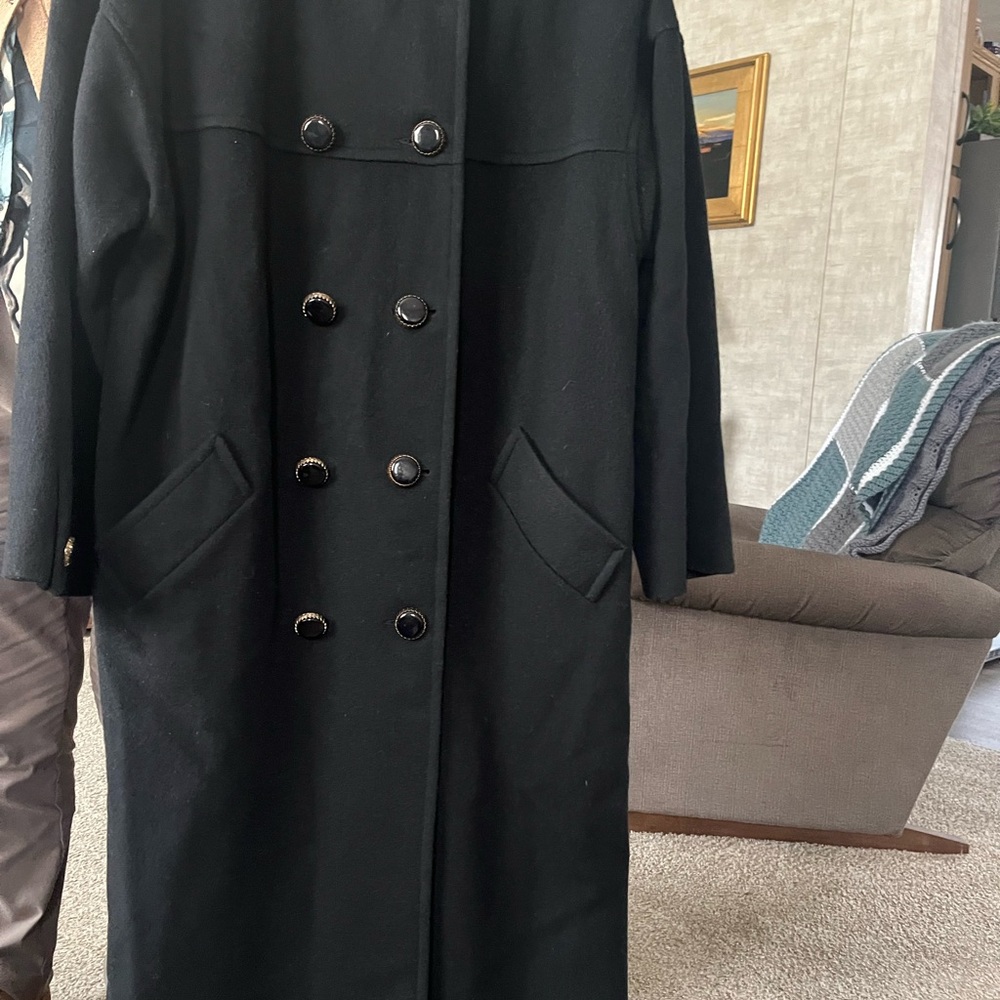Black Double-Breasted Wool Coat with Gold-Trim Buttons